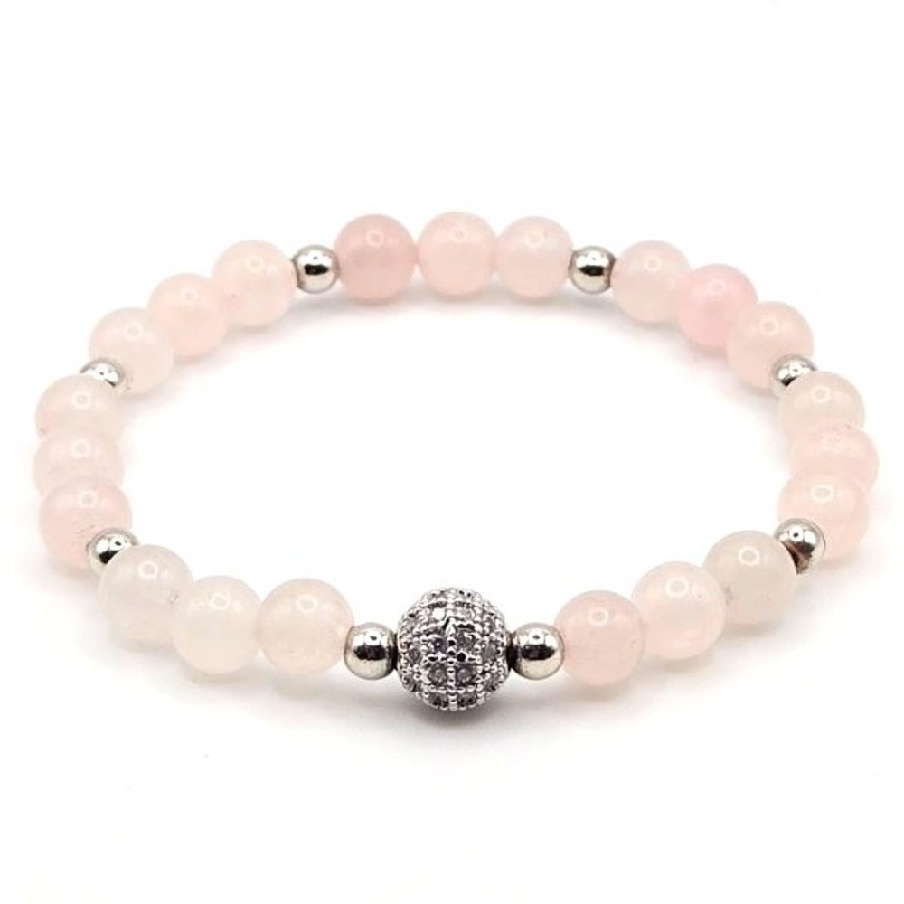 Handmade Rose Quartz Beaded Stretch Bracelet‎ with Silver Tone & Micro Pave Bead